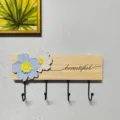 Solid wood wall mounted coat rack with four black metal hooks and cute floral decor for home. - Natural Wood Blue & White