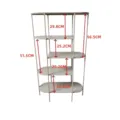 Detail view showing dimensions of a multi-tier iron storage shelf in light grey finish - 5-Tier