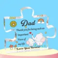 Puzzelvormige acryl plaquette met Dad tekst en schattige olifant illustratie - Curve Q32 / Breedte Ongeveer 8cm Dikte 1cm / Vader dankbaarheid stijl