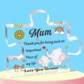 Acryl puzzelbord voor mama met een hartelijke boodschap en schattige olifant illustratie - Curve Q35 / Breedte Ongeveer 8cm Dikte 1cm / Belangrijk Puzzelstuk Moeder Patroon