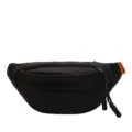 Professional black canvas waist pack featuring orange brand label and durable woven zipper pulls - Black