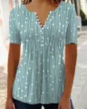 Short sleeve teal blue V-neck top with white polka dots and vertical striped pattern - S / Tops / Green