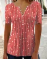 Stylish women's red V-neck top featuring a modern white dot and line print pattern - S / Tops / Red