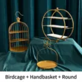 Gold metal dessert stand set with birdcage, tiered circle, and handle tray designs - Birdcage + Basket + Round