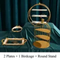 Gold iron dessert stand set with 3-tier birdcage, circular rack, and 2 ornate trays - 2 Trays + Birdcage + Round