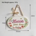 Detailed view of oval wooden Home Sweet Home hanging sign showing dimensions and weight - White Home Style