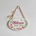Oval wooden welcome door sign plaque with floral print design and bowknot decoration - White Welcome Style