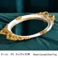Vintage European style oval decorative mirror tray with gold resin floral carving 35.5cm - Printed Oval Tray