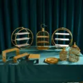 Luxury European style gold iron dessert stand and tray set for weddings and party decor. - 10-Piece Birdcage Set