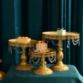 Set of 3 golden European iron dessert cake stands with crystal droplets for weddings - Crystal 3-Piece Set
