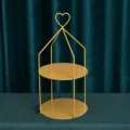 Two-tier golden iron dessert stand with heart-shaped handle for wedding and party decor - Heart Birdcage