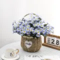 Close-up of blue artificial daisies in a rustic woven basket for elegant home decor - Blue