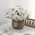 Artificial white daisy flowers bouquet with woven straw basket for rustic home decor - White
