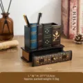 Vintage book-shaped desk organizer with drawer, 15x7x13.5cm resin multi-functional pen holder - Small Style (01029) / 15x7x13.5cm