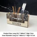 Wooden kitchen cutlery organizer box with black mesh front and kitchen text - Black Iron Mesh Style / Wood Color