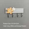 Solid wood coat rack with floral decor and 4 hooks, gray finish - 4 Hooks / Gray with White and Orange Flowers