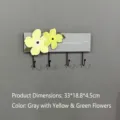 Wall-mounted wooden coat rack with yellow flower decor and four black hooks, grey finish - 4 Hooks / Gray with Yellow and Green Flowers