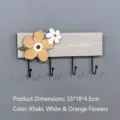 Modern wooden wall-mounted coat rack featuring floral decor and 4 black metal hooks in khaki - 4 Hooks / Khaki with White and Orange Flowers
