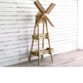 Vintage wooden windmill display stand with two-tier rustic flower boxes for garden decor - Windmill Flower Stand / 80x46x155cm / Wood Color