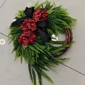 Handcrafted artificial red hydrangea wreath featuring green ferns and a black decorative bow - Wine Red Hydrangea Black Bow Style (H1-42) / Burgundy