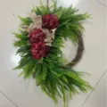 Rustic artificial hydrangea wreath with green ferns and burlap bow for farmhouse decor - Wine Red Hydrangea Beige Bow Style (H1-44) / Burgundy