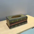 Vintage book-stack style wooden tissue box holder for home office and living room decor - Classic Green