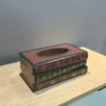 Antique vintage book style wooden tissue box holder featuring three-stack book design - Old Style Red