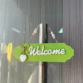 Green rustic wooden Welcome sign with white heart ornament and beaded twine rope - 3D Letter with Heart / 26x7.6cm / Green Welcome