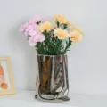 Artificial carnation bouquet with pink and peach flowers in silver vase - Dark Champagne