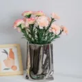 Elegant artificial carnation bouquet in a silver metallic ceramic vase for home decor - Flesh Pink