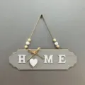 Ρουστίκ ξύλινη πινακίδα HOME σε γκρι με λευκή καρδιά και διακοσμητικές ξύλινες χάντρες - Σπίτι / Γκρι
