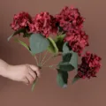 Mano che tiene un bouquet di ortensie artificiali rosso scuro su sfondo marrone - Rosso