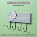 Grey wall-mounted hook rack with decorative blue and white flowers and four metal hooks - Grey White Blue