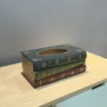 Vintage American style wooden tissue box shaped like stacked antique books for decor - Old Style Blue