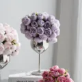 Elegant 27-head purple and pink artificial peony rose bouquet in silver vase for home decor - Smoky Purple