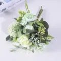 Detailed close-up view of artificial ranunculus and greenery bouquet for wedding home decor - Light Green Ranunculus Gypsophila Bundle / Green