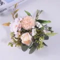 Close-up of elegant artificial wedding bouquet featuring pink roses and white silk flowers - Champagne Pompon Rose Bundle / Champagne