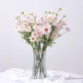 Lush artificial pink daisy flower bouquet in ribbed glass vase for home decoration - Pink