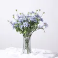 Elegant light blue artificial daisy bouquet in ribbed glass vase for home decoration - Blue