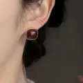 Elegant square dark red gemstone stud earrings with gold plating and vintage minimalist style - Square Gemstone Stud Earrings (E3604) / Gold Red