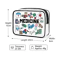 Portable transparent PVC medicine pouch with cartoon medical icons and dimensions - Vertical Medicine Text Pattern