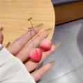 Elegant pink peach drop earrings featuring long gold-tone stems for a cute and feminine look - Pink Gradient Peach Drop Earrings (E2966) / Pink
