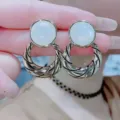Elegant gold-plated twisted round hoop earrings with white gemstone inlay for women - Gold Twisted Texture White Stone Earrings (E3075) / Gold White