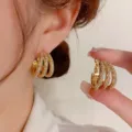 Luxury gold multi-layer hoop earrings studded with sparkling micro-pave crystals - Gold 3-Layer Pave Rhinestone Hoop Earrings (E3082) / Gold