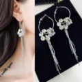 Silver rhinestone flower hoop earrings with long chain tassels for women - Round Hoop Rhinestone Tassel (E0452) / Silver