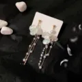 Elegant iridescent flower drop earrings with long pearl tassels and crystal accents - Iridescent Petal Pearl Tassel (E0468) / Gold