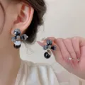 Elegant black flower earrings with drop pearl in vintage French style - Crystal Texture Petal Black Artificial Pearl Tassel Stud Earrings (E3204) / Black