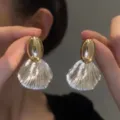 Elegant gold oval stud earrings with clear ribbed shell drop pendants for women - Oval Metal Fan Radiating Texture Drop Earrings (E3267) / Gold