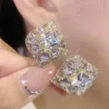 Elegant luxury square gold stud earrings with multiple sparkling clear cubic zirconia - Square Rhinestone Stud Earrings (E3286) / White