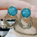 Vintage-style golden textured hoop earrings featuring elegant blue round cabochons - Retro Spiral Hoop Style (E3075) / Gold Blue